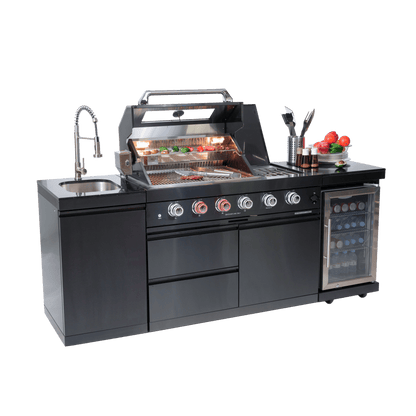 46 - Inch 4 - Burner 72000 BTU Deluxe Stainless Steel Gas Outdoor Kitchen Bar Barbecue Island Grill + Wine Cooler Compact Refrigerator + Rotisserie kit + Granite Countertops + Stainless steel Sink - 1st Choice Furniture Direct