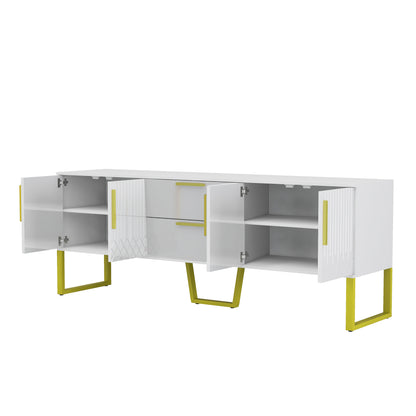 U-Can Modern TV Stand for TVs up to 75 Inches, Storage Cabinet with Drawers and Cabinets, Wood TV Console Table with Metal Legs and Handles for Living room, White