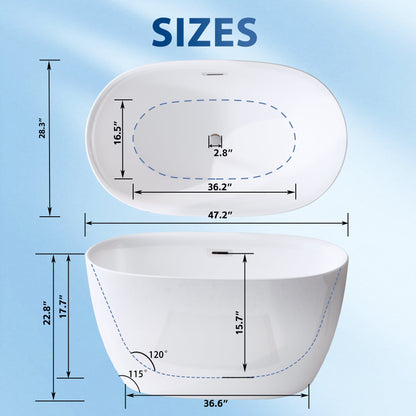 47'' Acrylic Freestanding Bathtub - Acrylic Soaking Tubs, White Bathtub, Oval Shape Freestanding Bathtub With Chrome Overflow and Pop - Up Drain CUPC Certificate - 1st Choice Furniture Direct