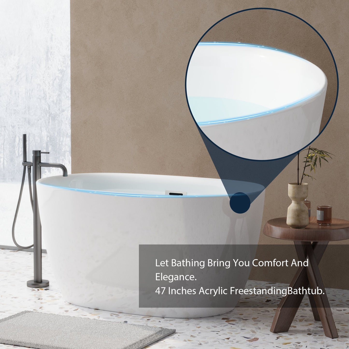 47'' Acrylic Freestanding Bathtub - Acrylic Soaking Tubs, White Bathtub, Oval Shape Freestanding Bathtub With Chrome Overflow and Pop - Up Drain CUPC Certificate - 1st Choice Furniture Direct