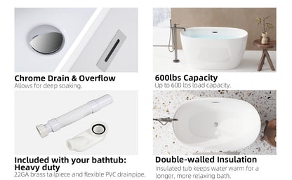 47'' Acrylic Freestanding Bathtub - Acrylic Soaking Tubs, White Bathtub, Oval Shape Freestanding Bathtub With Chrome Overflow and Pop - Up Drain CUPC Certificate - 1st Choice Furniture Direct