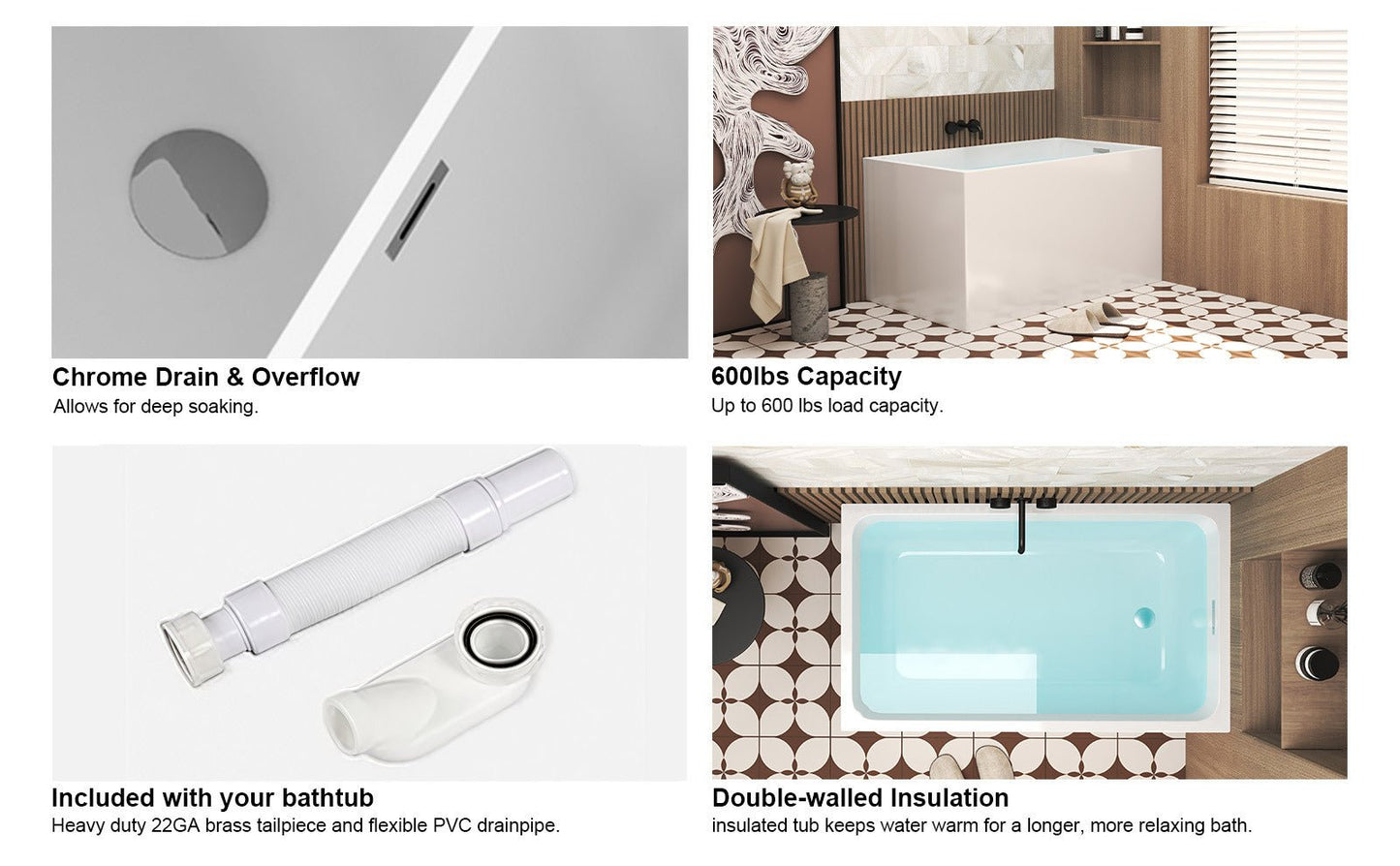 47' Acrylic Freestanding Bathtub ,Spacious rectangle Shape, Gloss White Finish, Chrome Overflow & Pop - Up Drain CUPC Certificate - 1st Choice Furniture Direct