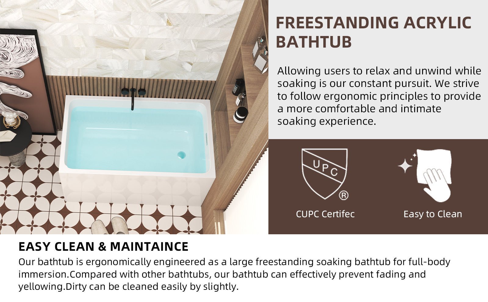 47' Acrylic Freestanding Bathtub ,Spacious rectangle Shape, Gloss White Finish, Chrome Overflow & Pop - Up Drain CUPC Certificate - 1st Choice Furniture Direct