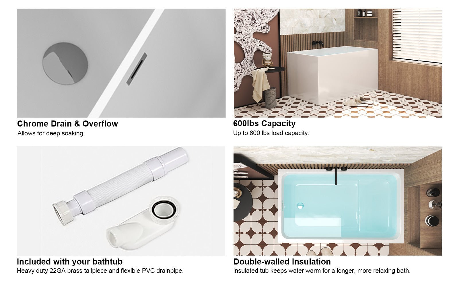 47' Acrylic Freestanding Bathtub with seat: Spacious rectangle Shape, Gloss White Finish, Chrome Overflow & Pop - Up Drain CUPC Certificate - 1st Choice Furniture Direct