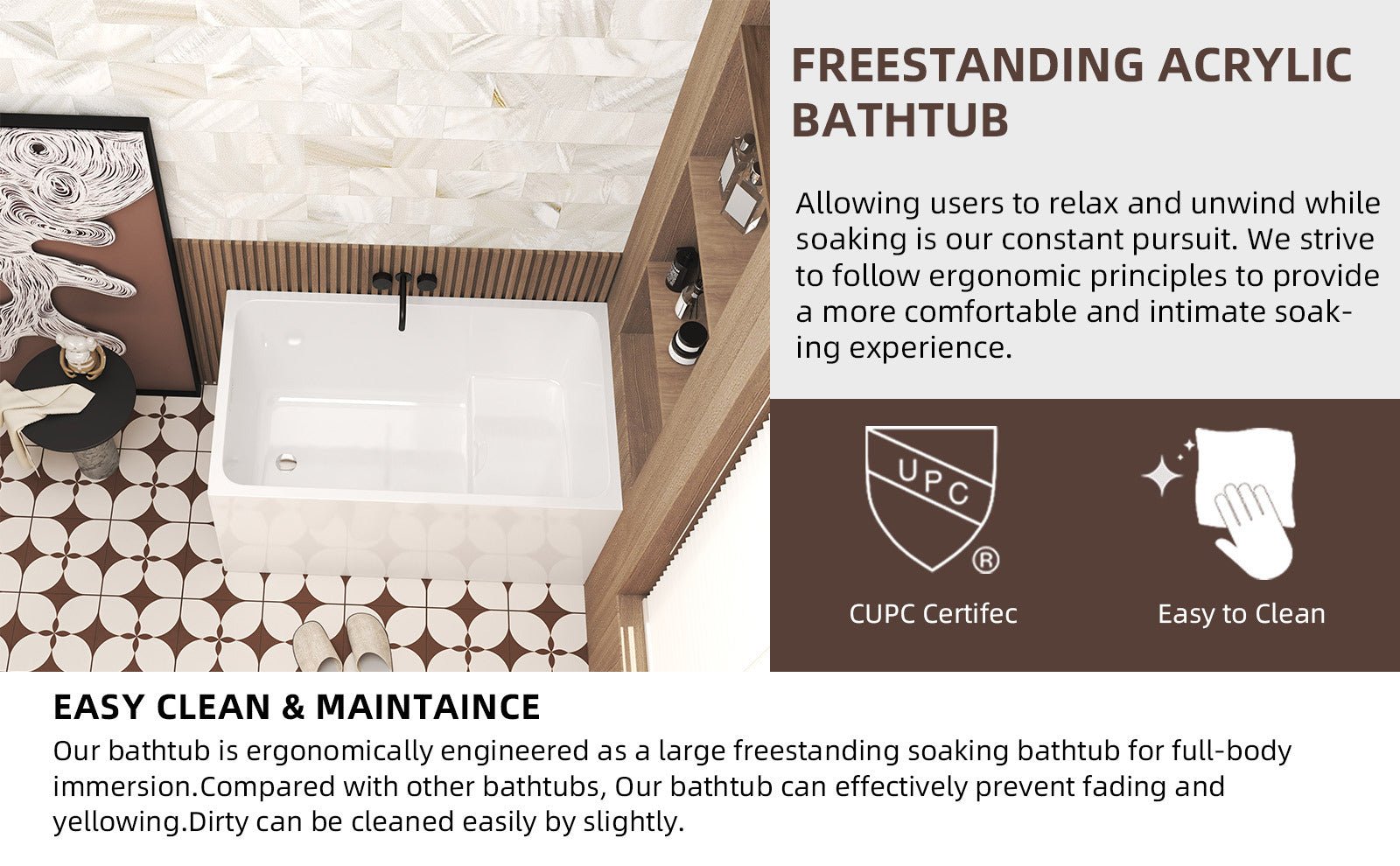 47' Acrylic Freestanding Bathtub with seat: Spacious rectangle Shape, Gloss White Finish, Chrome Overflow & Pop - Up Drain CUPC Certificate - 1st Choice Furniture Direct