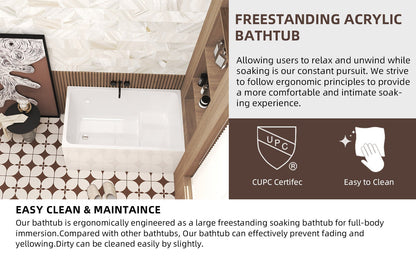 47' Acrylic Freestanding Bathtub with seat: Spacious rectangle Shape, Gloss White Finish, Chrome Overflow & Pop - Up Drain CUPC Certificate - 1st Choice Furniture Direct