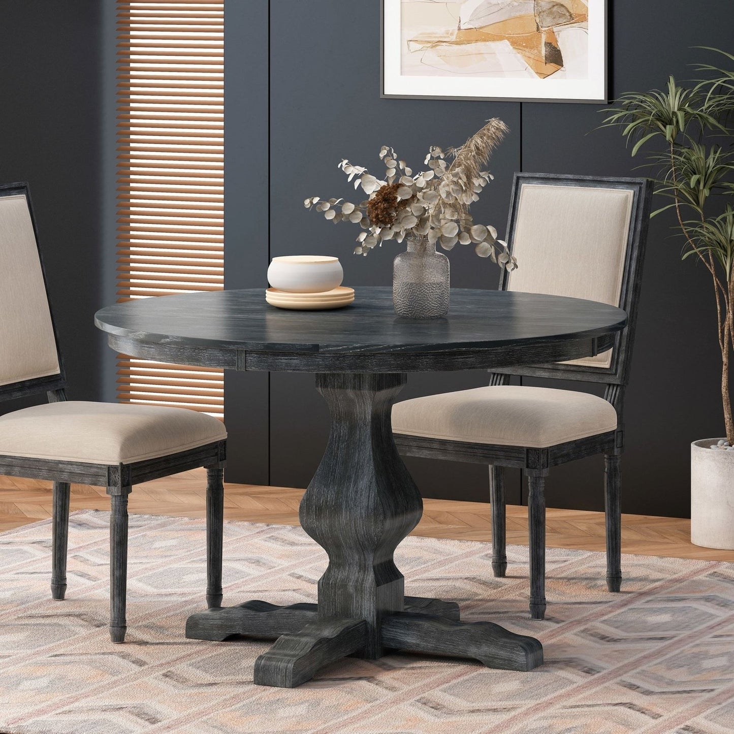 47-Inch Rustic Round Pedestal Dining Table in Charcoal Gray - 1st Choice Furniture Direct