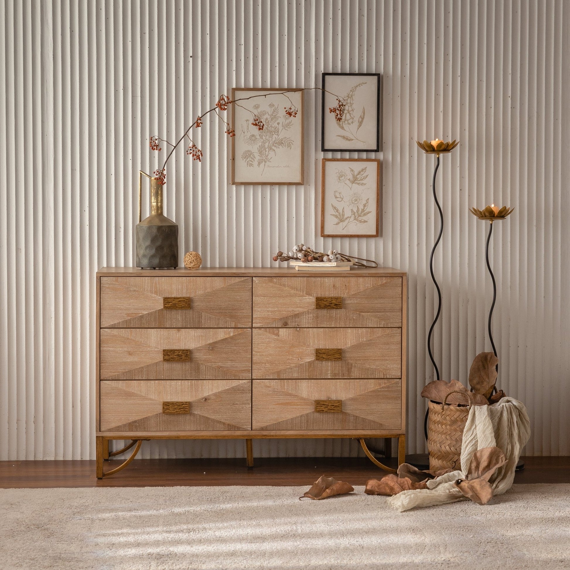 47.24' Light Wood 6 - Drawer Dresser - Geometric Relief Chest of Drawers with Gold Metal Legs, Modern Sideboard Console Table for Living Room/Bedroom - 1st Choice Furniture Direct