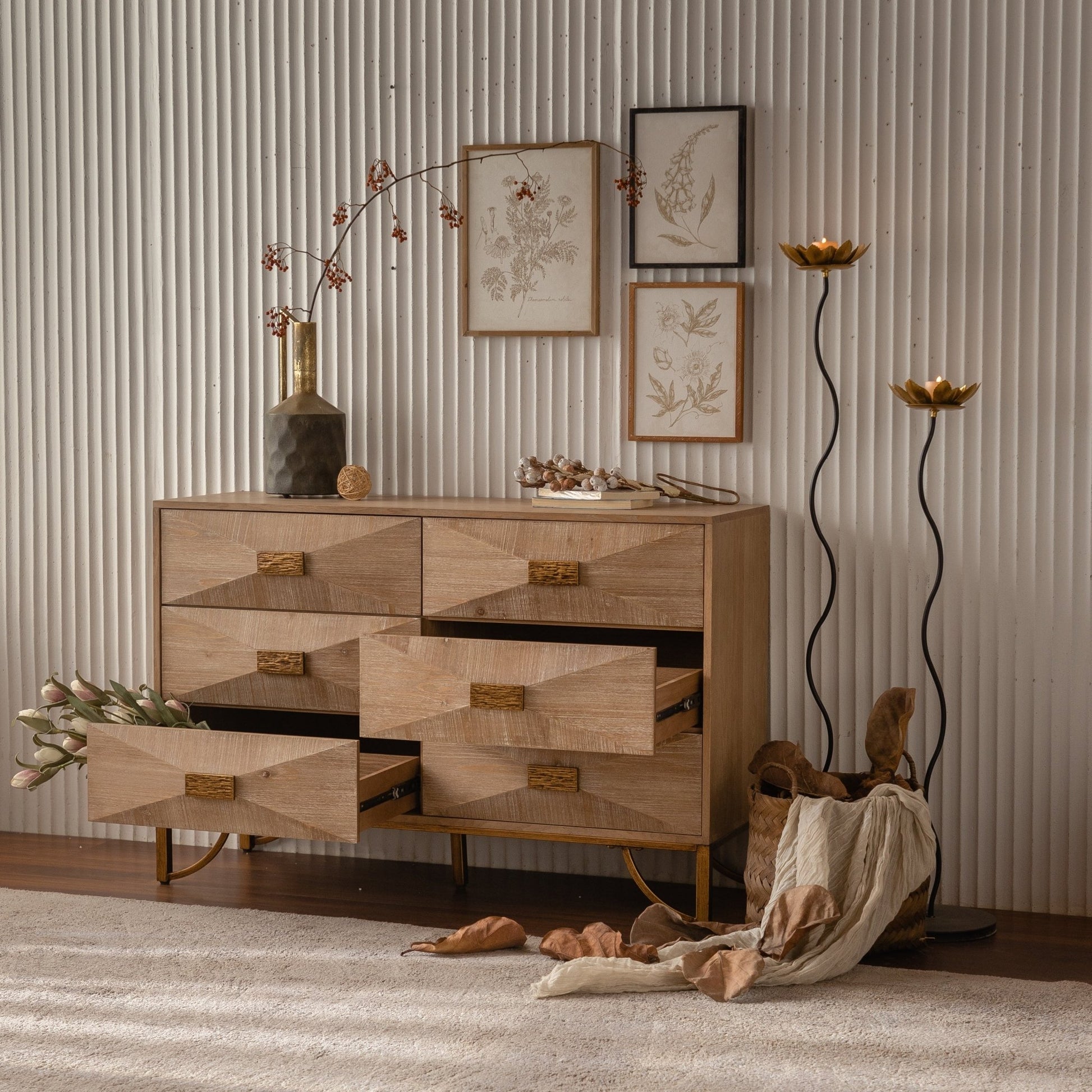 47.24' Light Wood 6 - Drawer Dresser - Geometric Relief Chest of Drawers with Gold Metal Legs, Modern Sideboard Console Table for Living Room/Bedroom - 1st Choice Furniture Direct