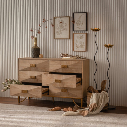 47.24' Light Wood 6 - Drawer Dresser - Geometric Relief Chest of Drawers with Gold Metal Legs, Modern Sideboard Console Table for Living Room/Bedroom - 1st Choice Furniture Direct