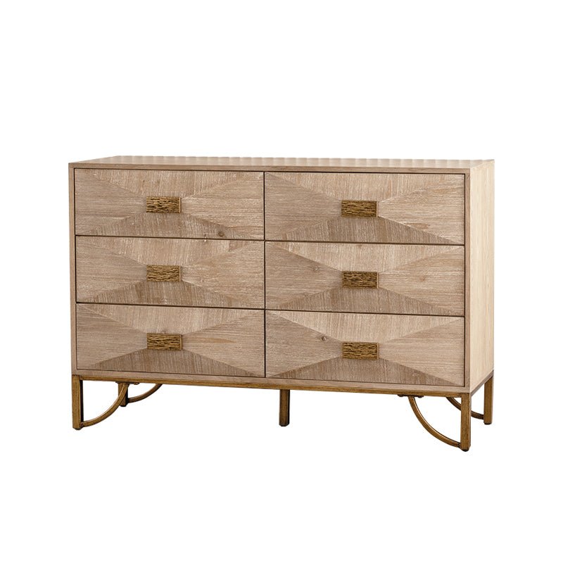 47.24' Light Wood 6 - Drawer Dresser - Geometric Relief Chest of Drawers with Gold Metal Legs, Modern Sideboard Console Table for Living Room/Bedroom - 1st Choice Furniture Direct