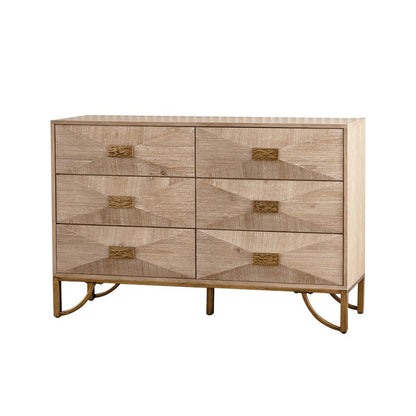 47.24' Light Wood 6 - Drawer Dresser - Geometric Relief Chest of Drawers with Gold Metal Legs, Modern Sideboard Console Table for Living Room/Bedroom - 1st Choice Furniture Direct