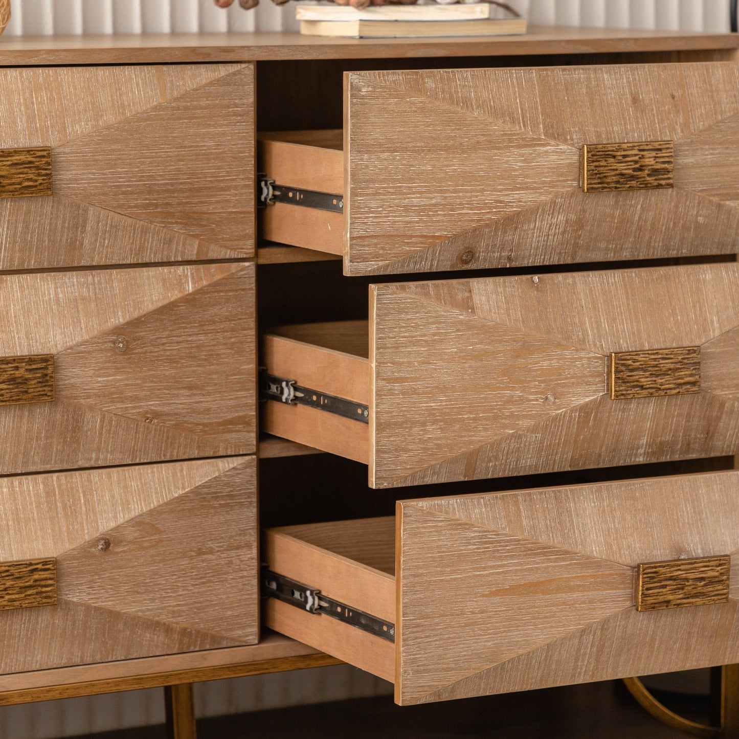 47.24' Light Wood 6 - Drawer Dresser - Geometric Relief Chest of Drawers with Gold Metal Legs, Modern Sideboard Console Table for Living Room/Bedroom - 1st Choice Furniture Direct