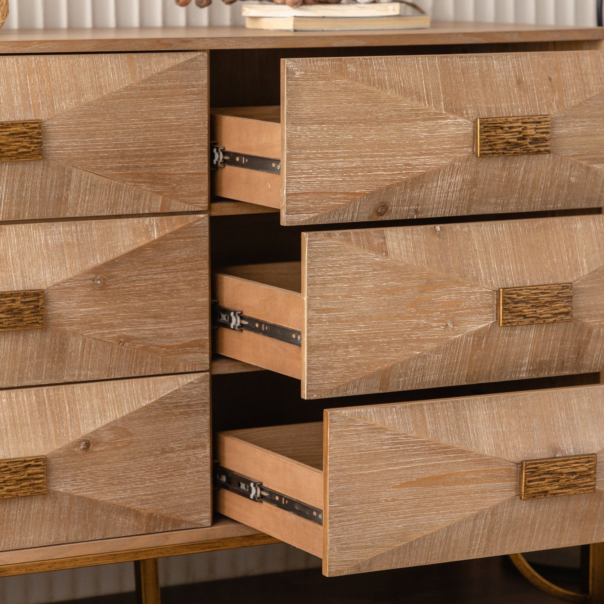 47.24' Light Wood 6 - Drawer Dresser - Geometric Relief Chest of Drawers with Gold Metal Legs, Modern Sideboard Console Table for Living Room/Bedroom - 1st Choice Furniture Direct