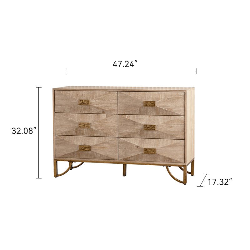 47.24' Light Wood 6 - Drawer Dresser - Geometric Relief Chest of Drawers with Gold Metal Legs, Modern Sideboard Console Table for Living Room/Bedroom - 1st Choice Furniture Direct