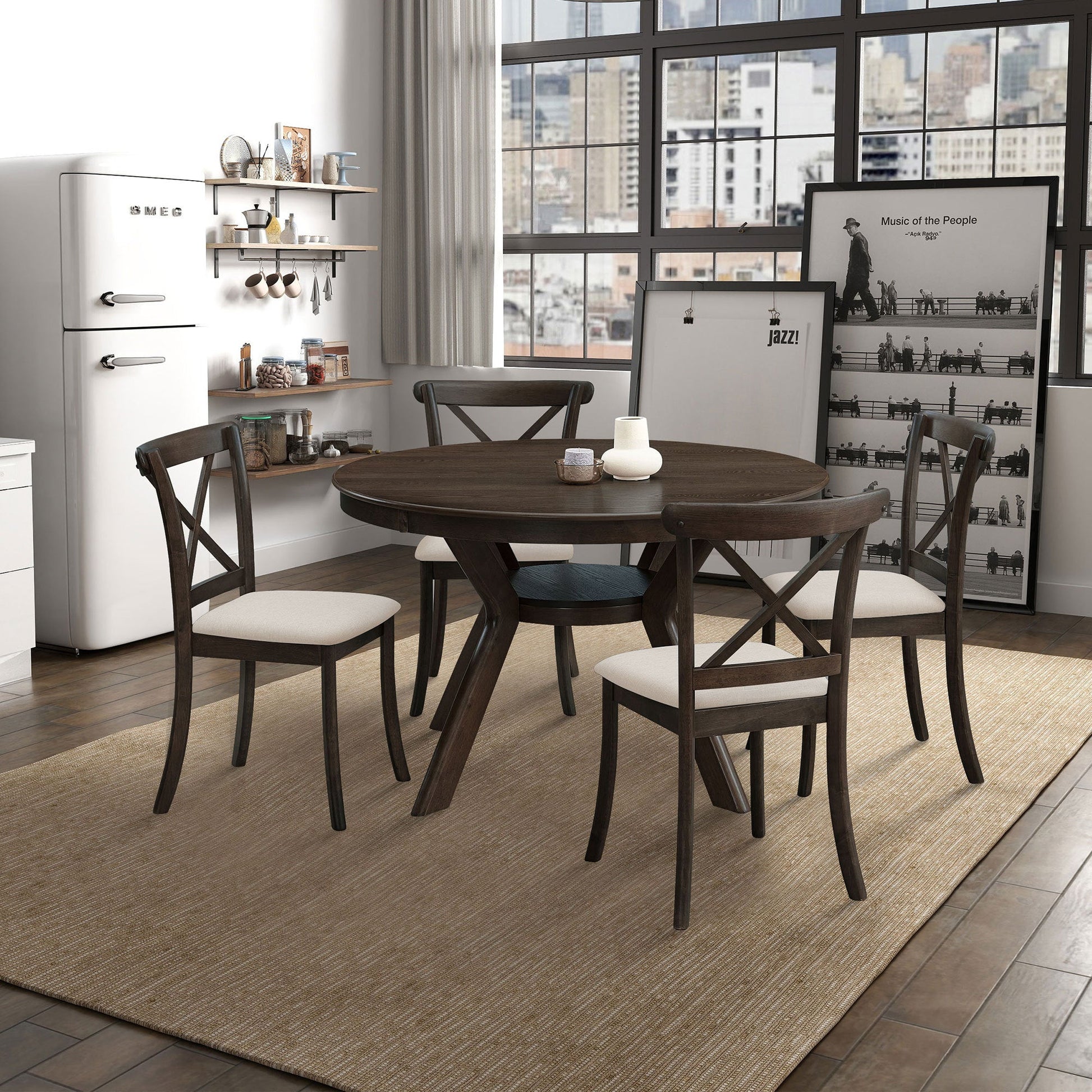 47.24''Round Rubber Wood Dining Table for 4 - 6 with Wooden Trestle Pedestal Base,Modern Kitchen Wooden Table Dinner Table for Dining Room, Living Room,Brown(1 Table) - 1st Choice Furniture Direct