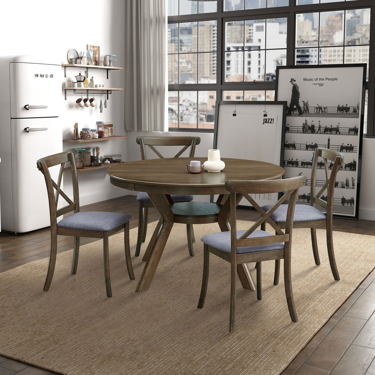 47.24''Round Rubber Wood Dining Table for 4 - 6 with Wooden Trestle Pedestal Base,Modern Kitchen Wooden Table Dinner Table for Dining Room, Living Room,Oak(1Table) - 1st Choice Furniture Direct