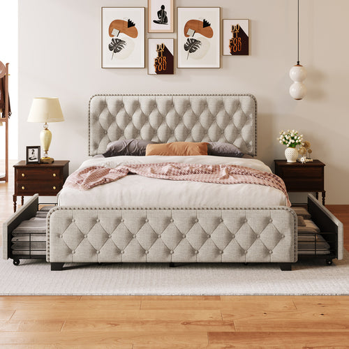 1st Choice Upholstered Platform Bed Frame with Four Drawers Button Tufted