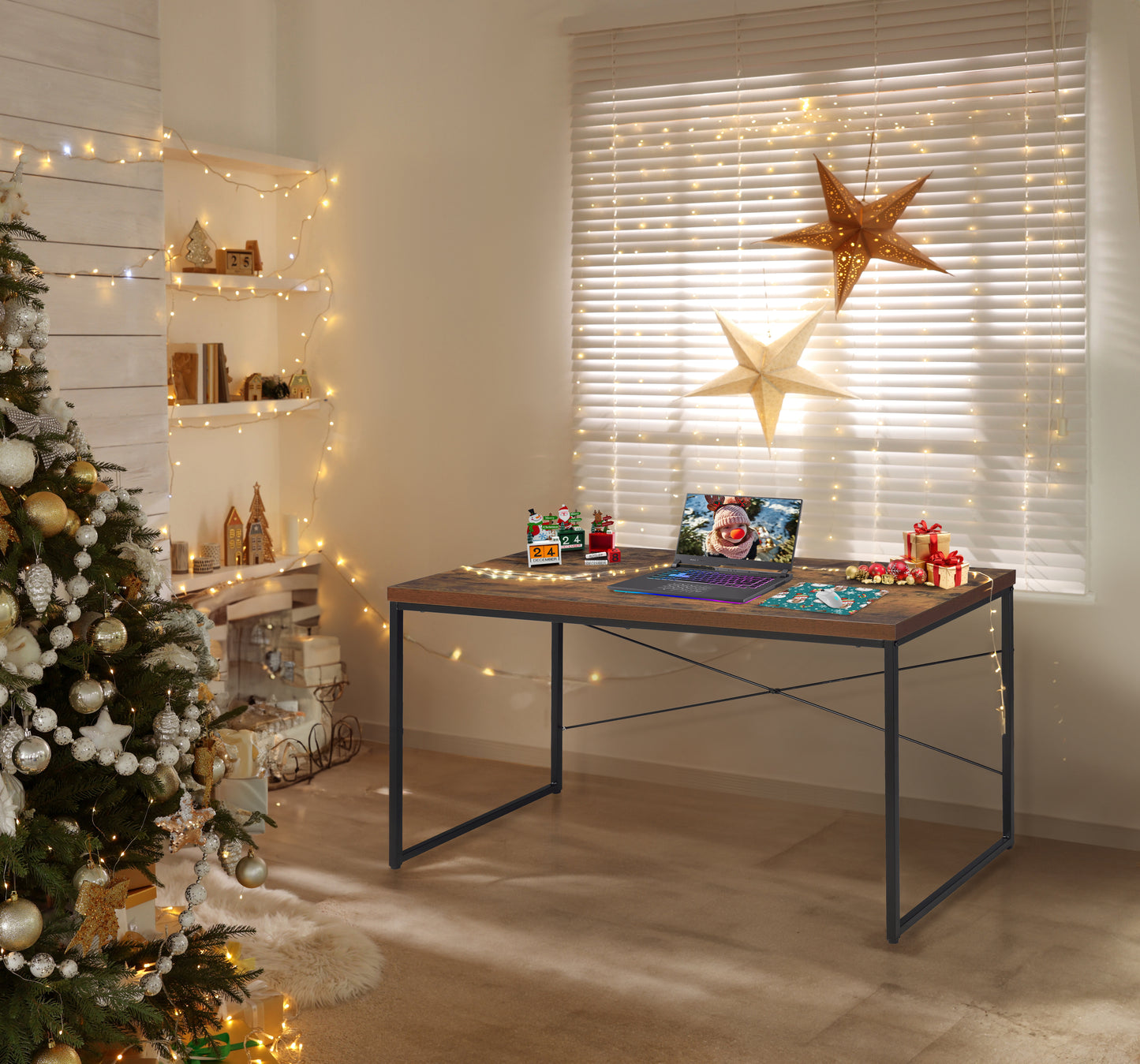 Weathered Oak Writing Desk with Black Metal Legs