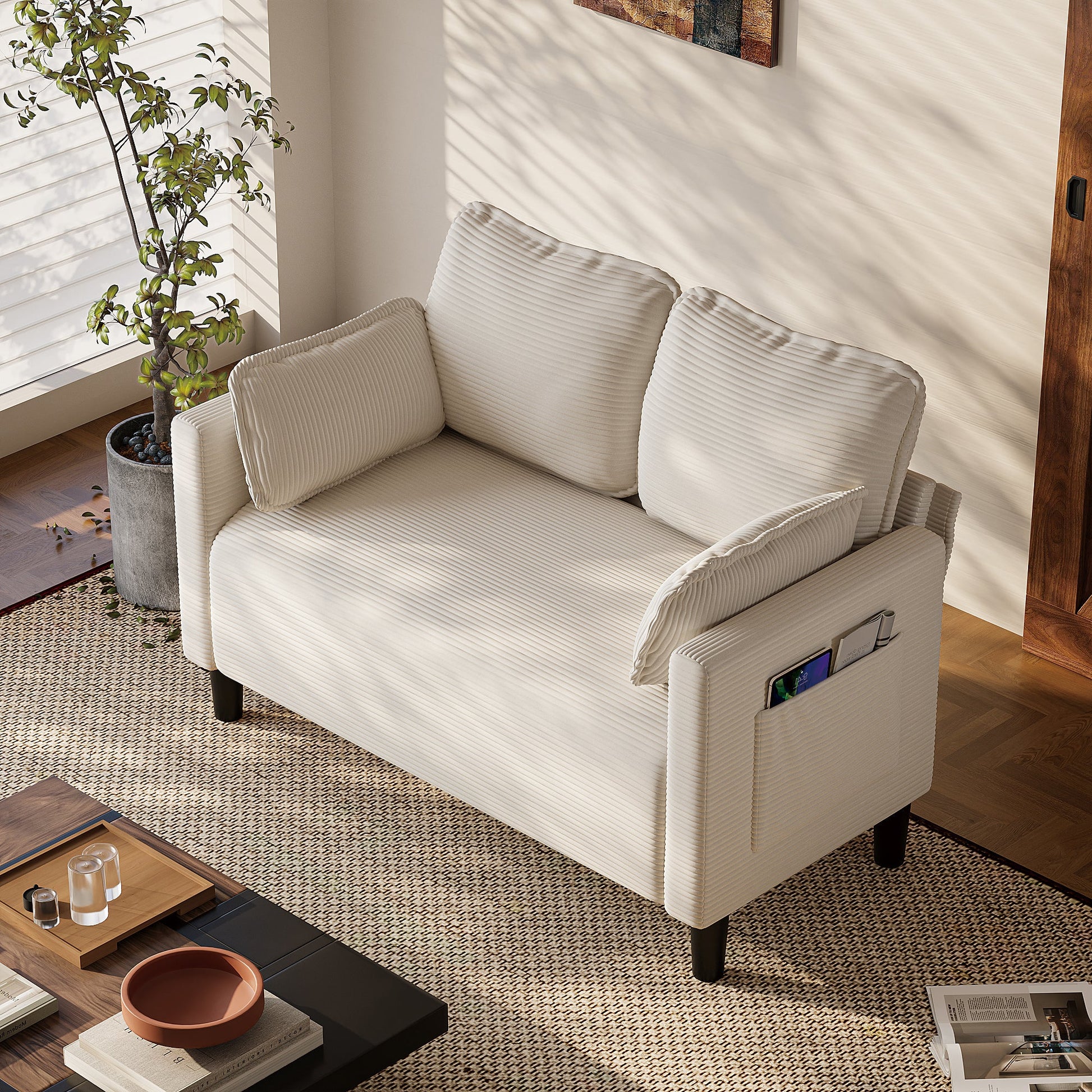 48' Soft Corduroy Loveseat Couch W/Soft Cushions,Side Storage Pocket,Sturdy Composite Board & Solid Wood Frame, High Rebound Sponge,Easy Assembly,Ideal for Living Room,Apartment,Dorm,Office. - 1st Choice Furniture Direct