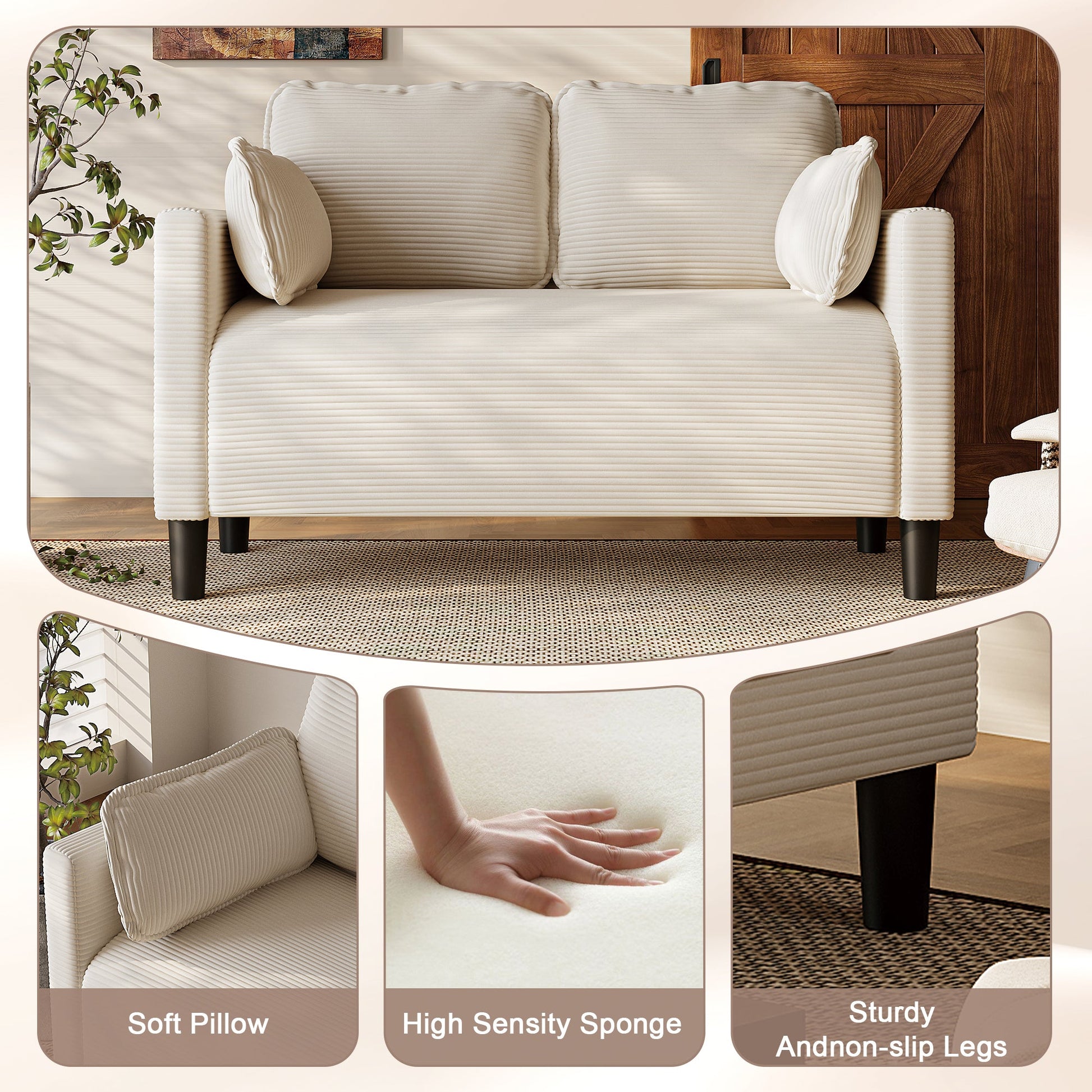 48' Soft Corduroy Loveseat Couch W/Soft Cushions,Side Storage Pocket,Sturdy Composite Board & Solid Wood Frame, High Rebound Sponge,Easy Assembly,Ideal for Living Room,Apartment,Dorm,Office. - 1st Choice Furniture Direct