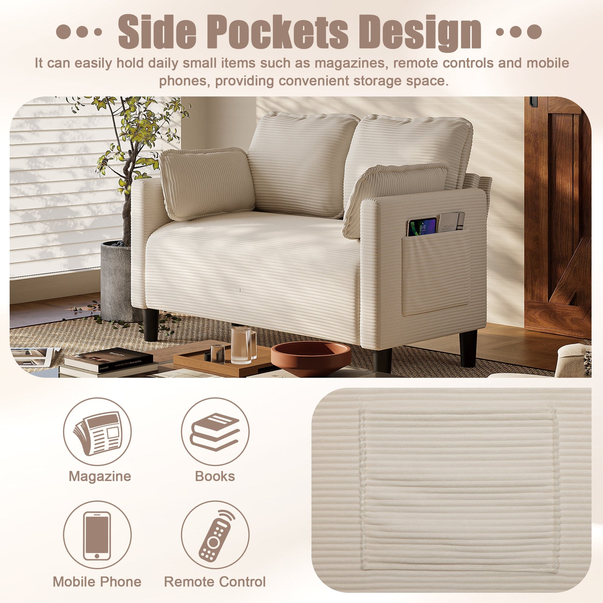 48' Soft Corduroy Loveseat Couch W/Soft Cushions,Side Storage Pocket,Sturdy Composite Board & Solid Wood Frame, High Rebound Sponge,Easy Assembly,Ideal for Living Room,Apartment,Dorm,Office. - 1st Choice Furniture Direct