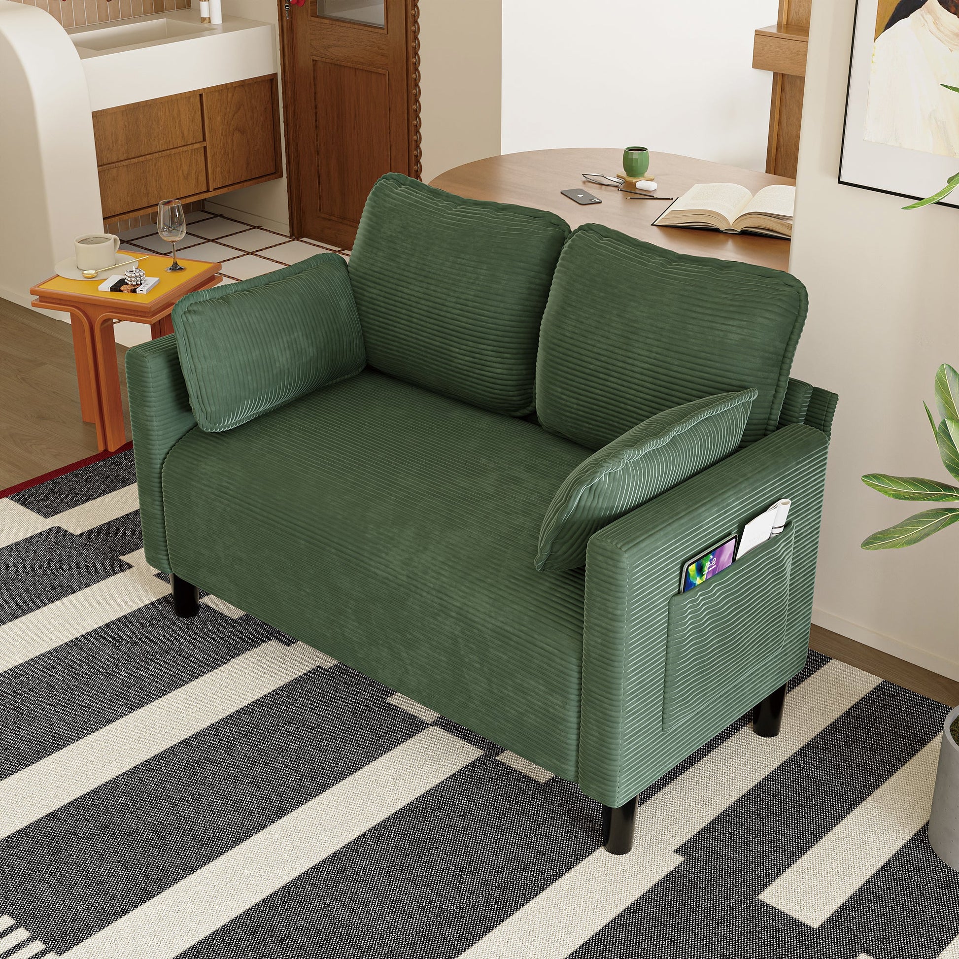 48' Soft Corduroy Loveseat Couch W/Soft Cushions,Side Storage Pocket,Sturdy Composite Board & Solid Wood Frame, High Rebound Sponge,Easy Assembly,Ideal for Living Room,Apartment,Dorm,Office. - 1st Choice Furniture Direct