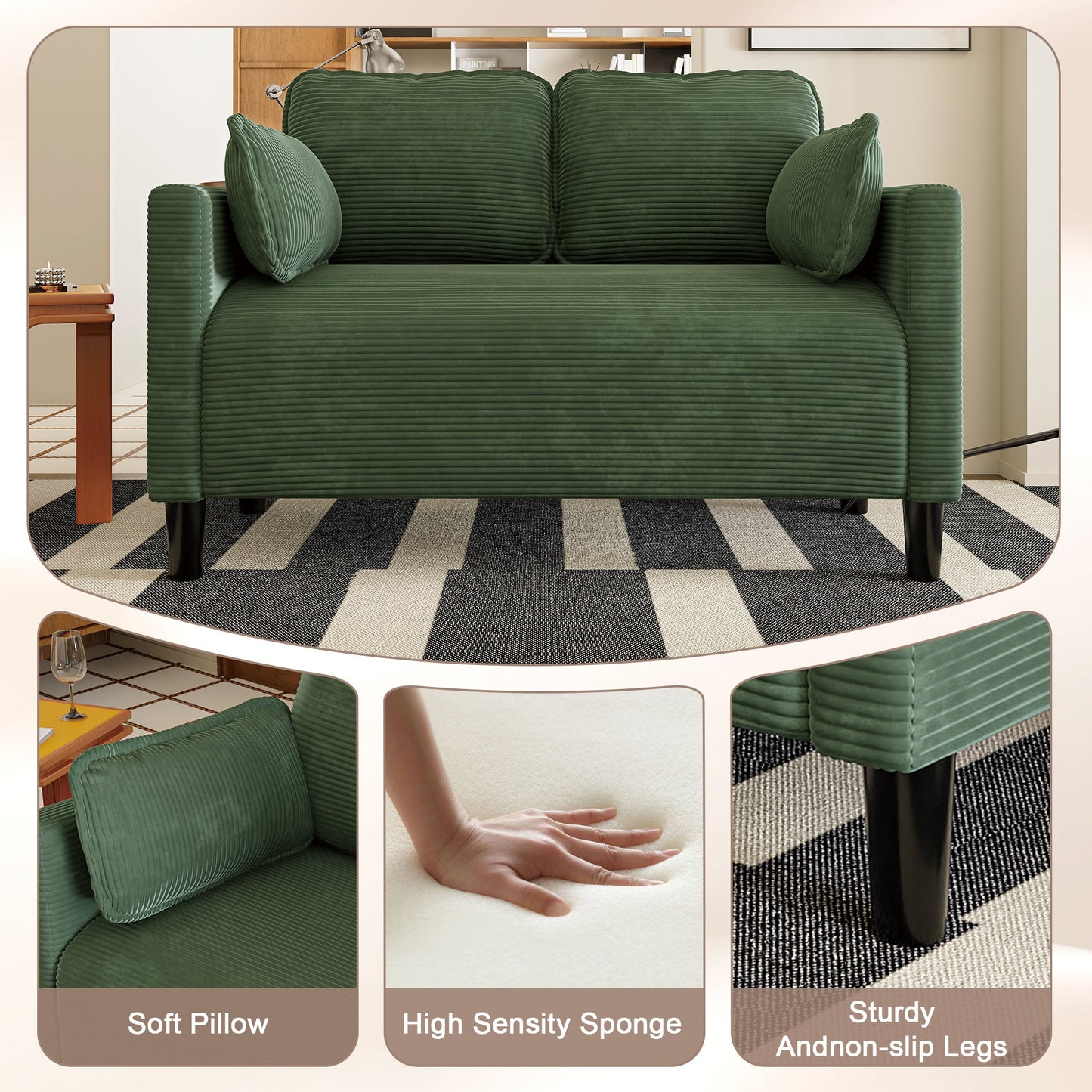 48' Soft Corduroy Loveseat Couch W/Soft Cushions,Side Storage Pocket,Sturdy Composite Board & Solid Wood Frame, High Rebound Sponge,Easy Assembly,Ideal for Living Room,Apartment,Dorm,Office. - 1st Choice Furniture Direct
