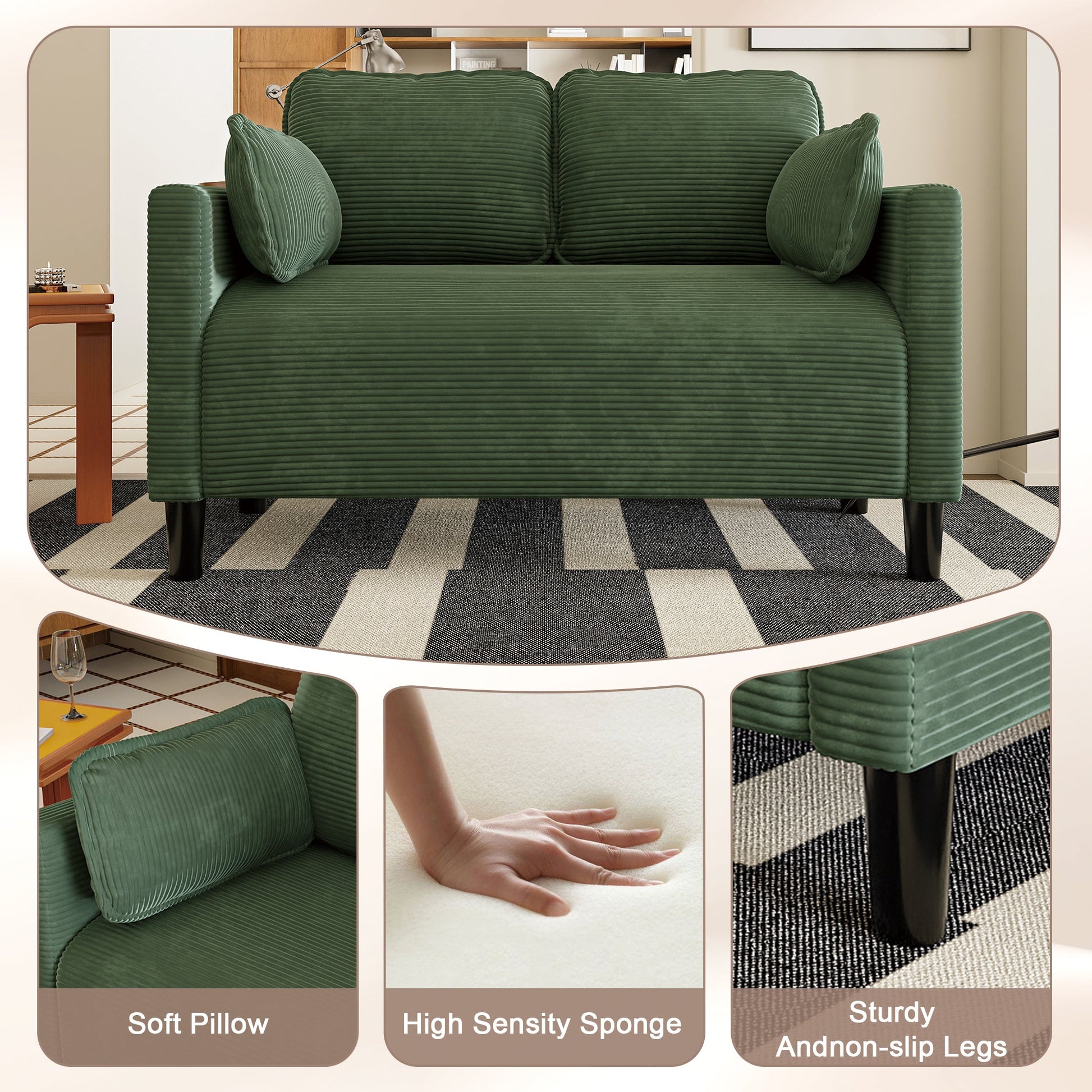 48' Soft Corduroy Loveseat Couch W/Soft Cushions,Side Storage Pocket,Sturdy Composite Board & Solid Wood Frame, High Rebound Sponge,Easy Assembly,Ideal for Living Room,Apartment,Dorm,Office. - 1st Choice Furniture Direct