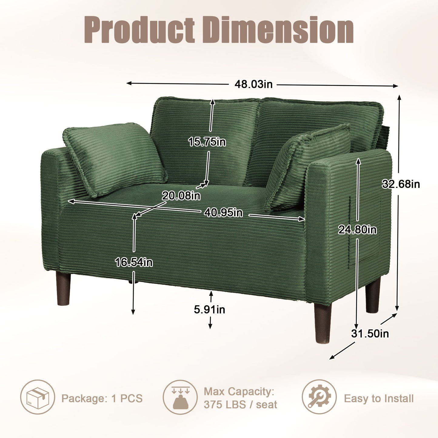 48' Soft Corduroy Loveseat Couch W/Soft Cushions,Side Storage Pocket,Sturdy Composite Board & Solid Wood Frame, High Rebound Sponge,Easy Assembly,Ideal for Living Room,Apartment,Dorm,Office. - 1st Choice Furniture Direct