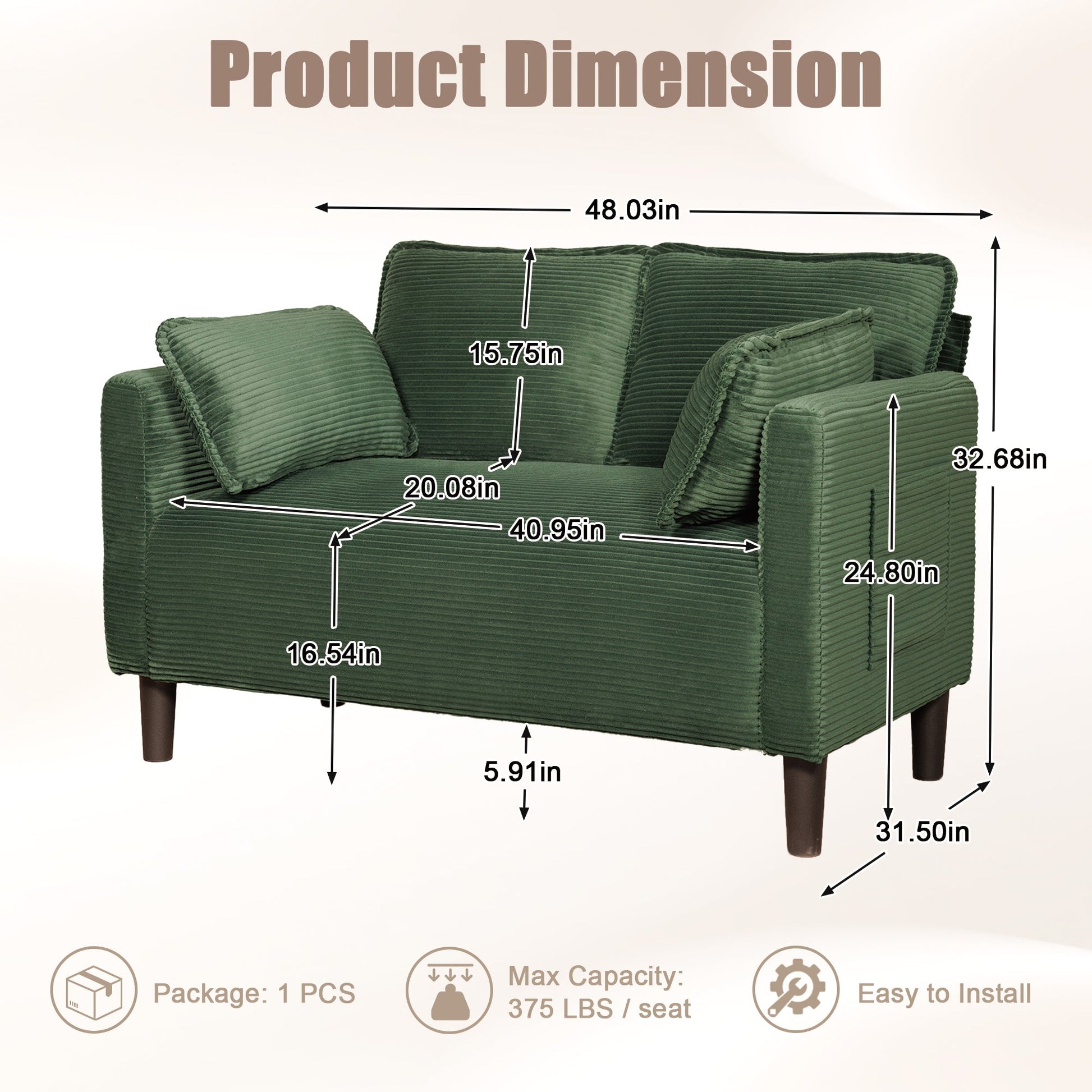 48' Soft Corduroy Loveseat Couch W/Soft Cushions,Side Storage Pocket,Sturdy Composite Board & Solid Wood Frame, High Rebound Sponge,Easy Assembly,Ideal for Living Room,Apartment,Dorm,Office. - 1st Choice Furniture Direct