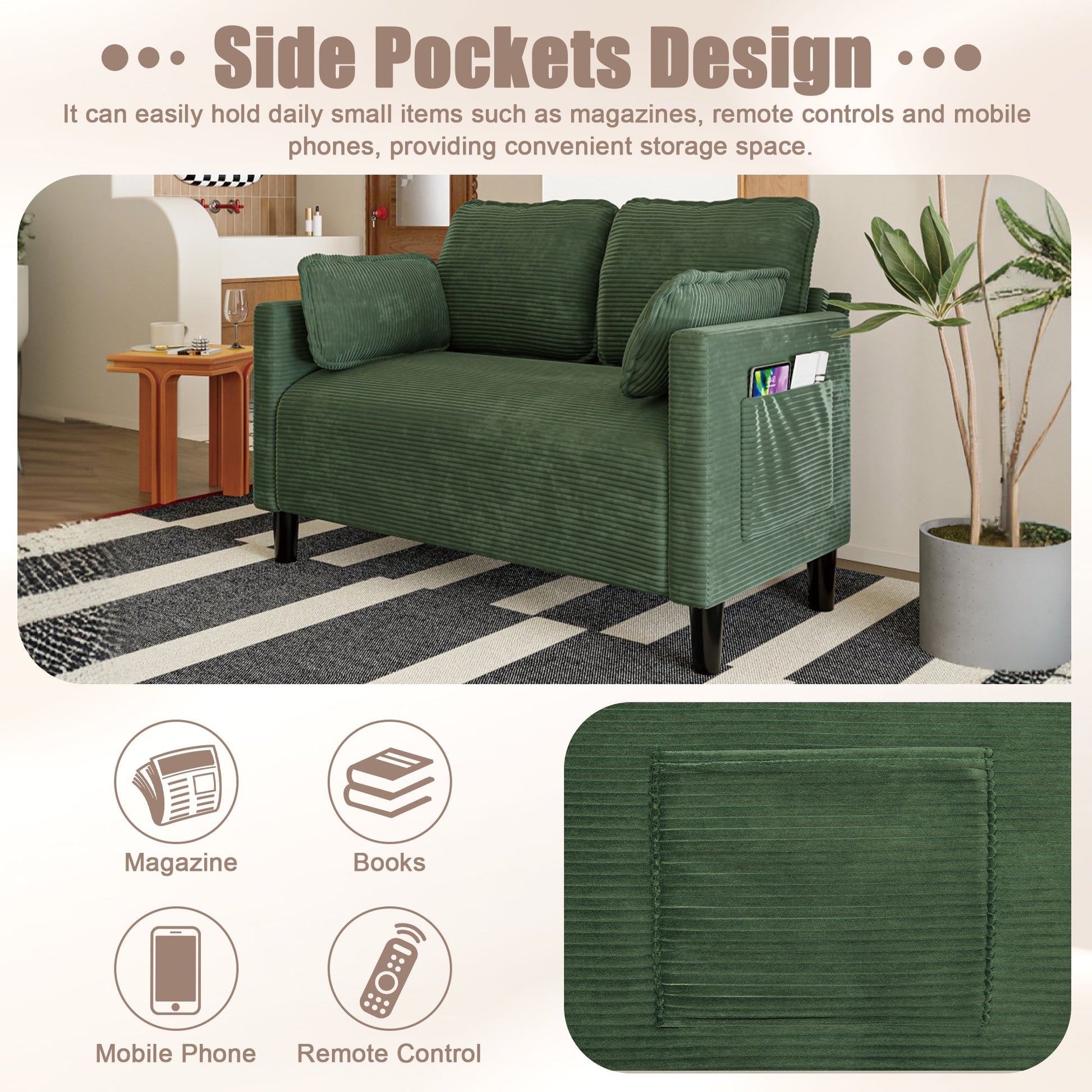 48' Soft Corduroy Loveseat Couch W/Soft Cushions,Side Storage Pocket,Sturdy Composite Board & Solid Wood Frame, High Rebound Sponge,Easy Assembly,Ideal for Living Room,Apartment,Dorm,Office. - 1st Choice Furniture Direct