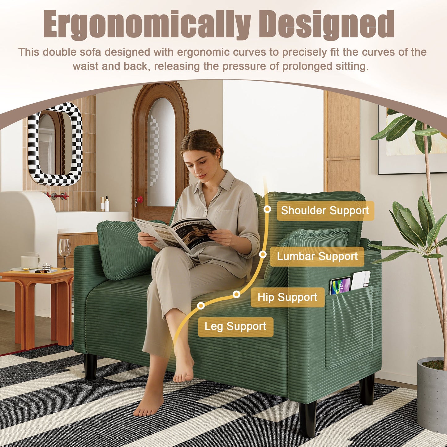 48' Soft Corduroy Loveseat Couch W/Soft Cushions,Side Storage Pocket,Sturdy Composite Board & Solid Wood Frame, High Rebound Sponge,Easy Assembly,Ideal for Living Room,Apartment,Dorm,Office. - 1st Choice Furniture Direct