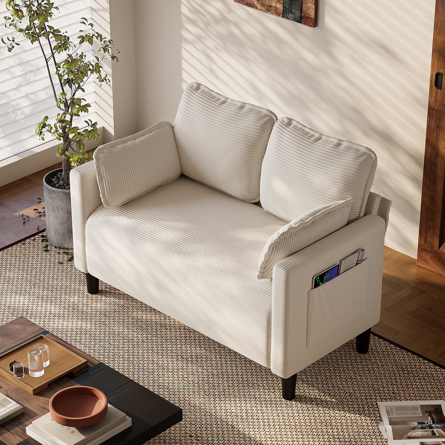 48' Soft Corduroy Loveseat Couch W/Soft Cushions,Side Storage Pocket,Sturdy Composite Board & Solid Wood Frame, High Rebound Sponge,Easy Assembly,Ideal for Living Room,Apartment,Dorm,Office. - 1st Choice Furniture Direct
