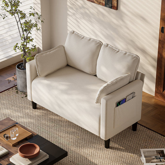 48' Soft Corduroy Loveseat Couch W/Soft Cushions,Side Storage Pocket,Sturdy Composite Board & Solid Wood Frame, High Rebound Sponge,Easy Assembly,Ideal for Living Room,Apartment,Dorm,Office. - 1st Choice Furniture Direct