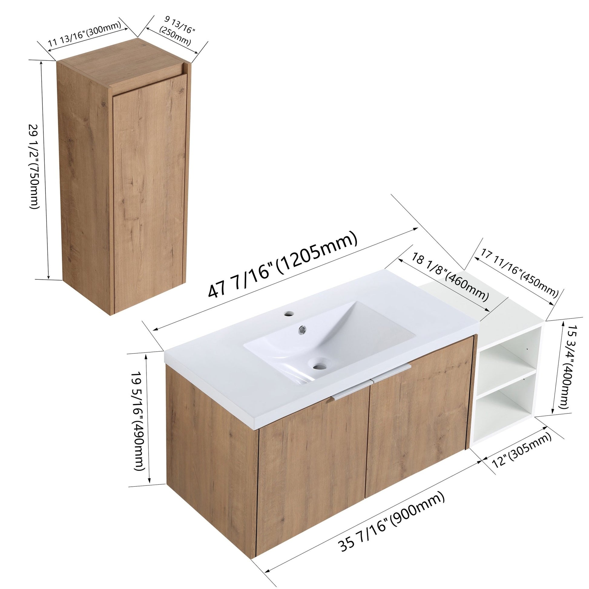 48' Wall - Mounted Bathroom Vanity With Sink and Side Cabinet, Soft Close Doors,00112IMO - 0636IMO - 0612GWH Combination Cabinet(KD - Packing) - 1st Choice Furniture Direct