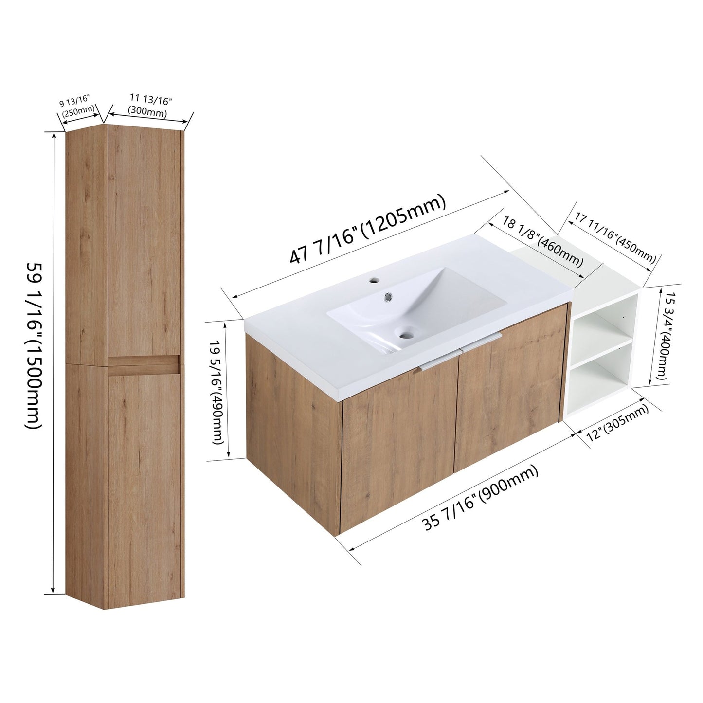 48' Wall - Mounted Bathroom Vanity With Sink and Side Cabinet, Soft Close Doors,00112IMOx2 - 0636IMO - 0612GWH Combination Cabinet(KD - Packing) - 1st Choice Furniture Direct