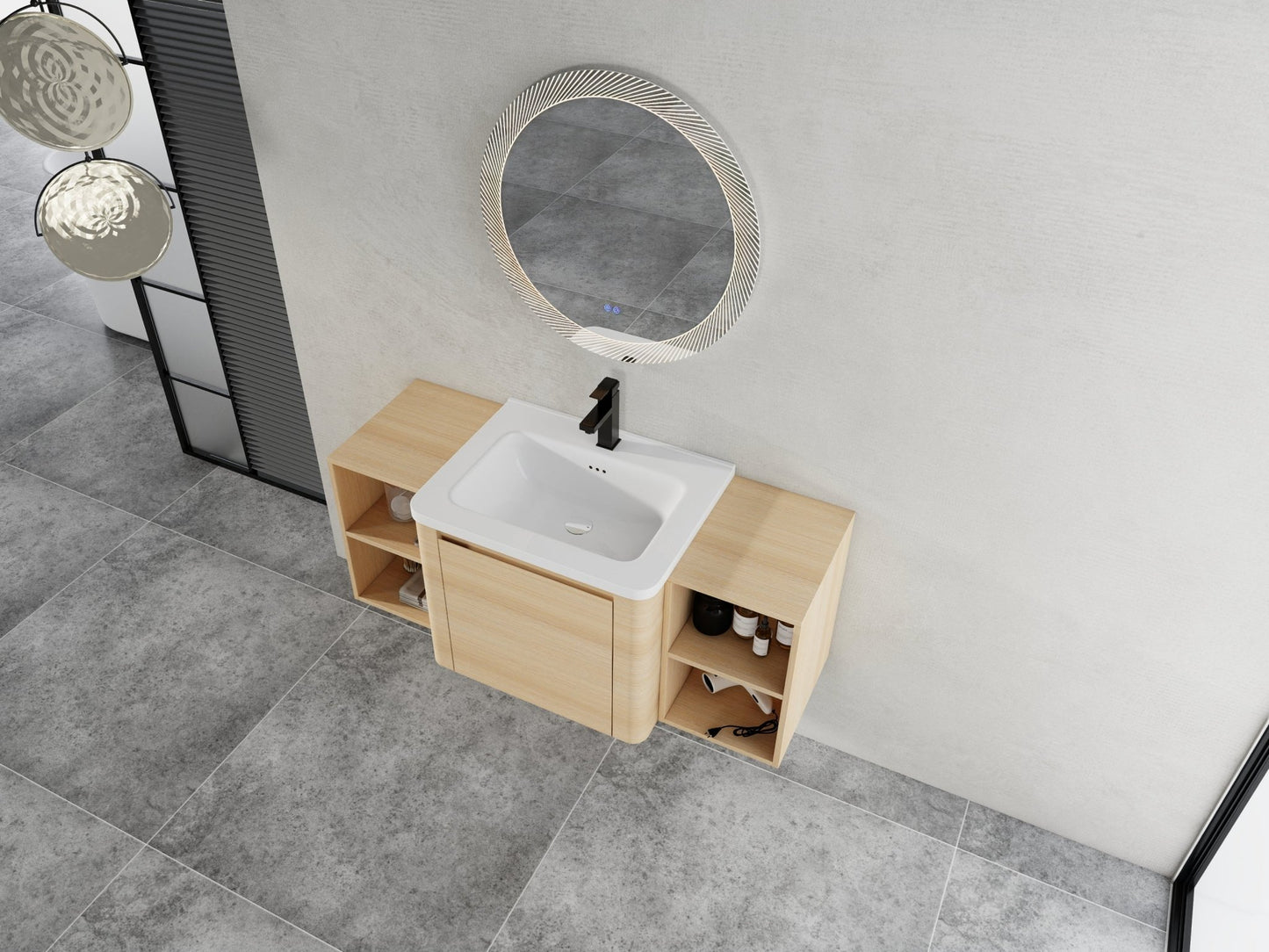 48'' Wall - Mounted Bathroom Vanity with White Ceramic Sink and 2 - Storage Shelves & 1 - Soft - Close Door, KD - Packing, Plywood, American White Oak - 1st Choice Furniture Direct