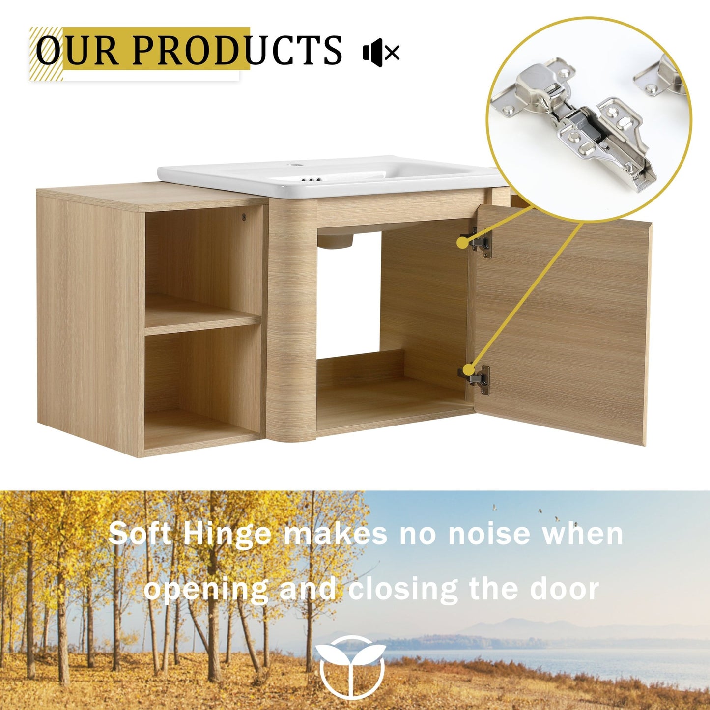 48'' Wall - Mounted Bathroom Vanity with White Ceramic Sink and 2 - Storage Shelves & 1 - Soft - Close Door, KD - Packing, Plywood, American White Oak - 1st Choice Furniture Direct