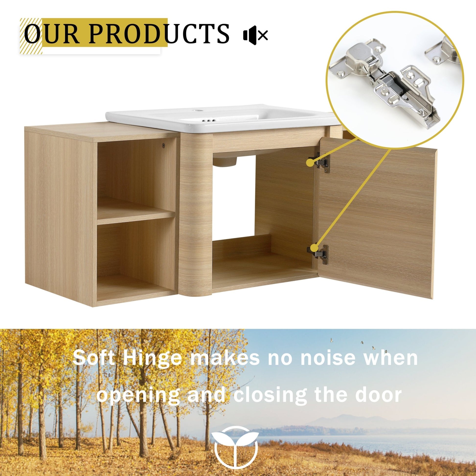 48'' Wall - Mounted Bathroom Vanity with White Ceramic Sink and 2 - Storage Shelves & 1 - Soft - Close Door, KD - Packing, Plywood, American White Oak - 1st Choice Furniture Direct