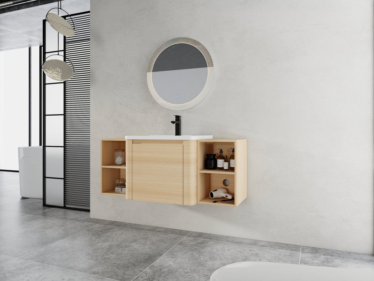 48'' Wall - Mounted Bathroom Vanity with White Ceramic Sink and 2 - Storage Shelves & 1 - Soft - Close Door, KD - Packing, Plywood, American White Oak - 1st Choice Furniture Direct