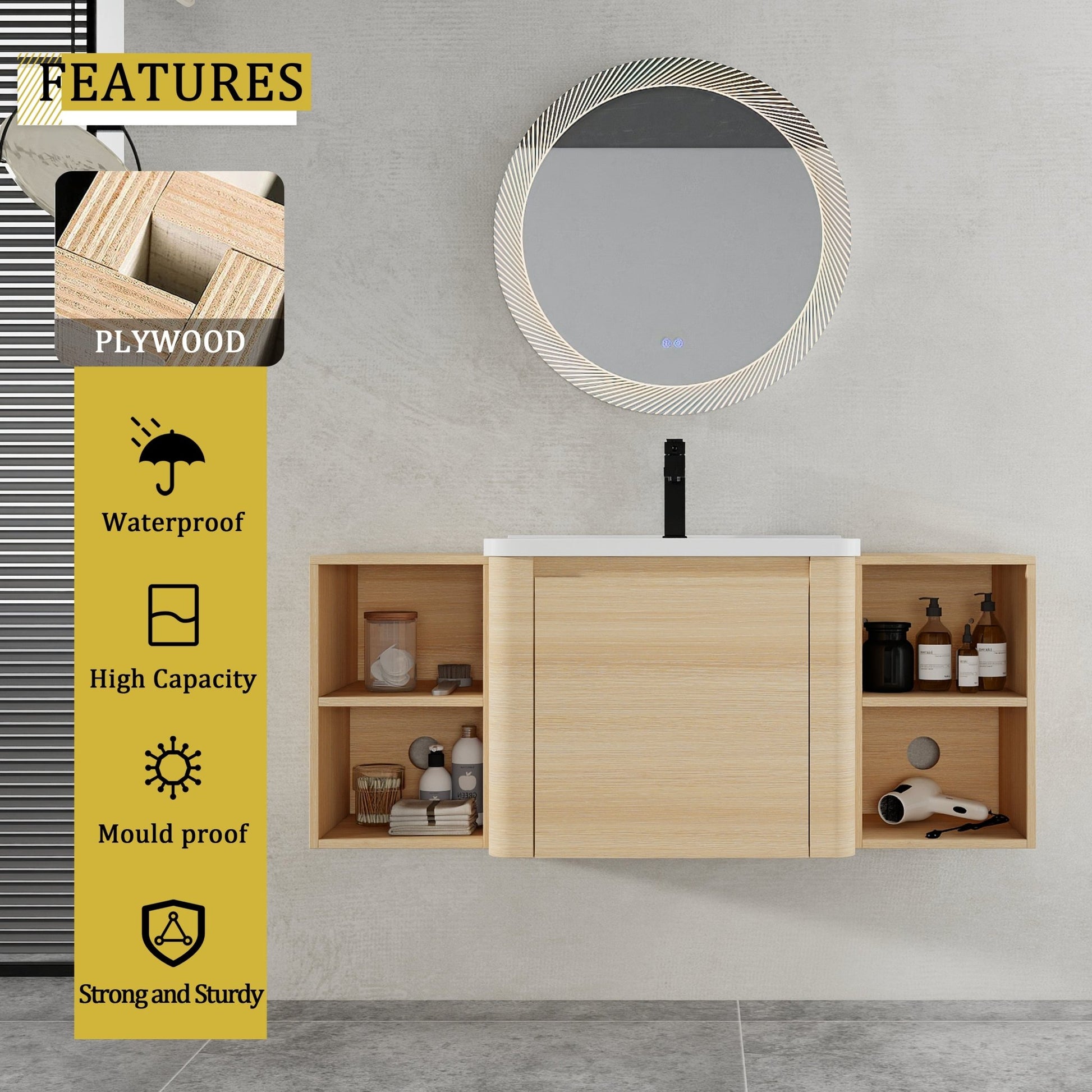 48'' Wall - Mounted Bathroom Vanity with White Ceramic Sink and 2 - Storage Shelves & 1 - Soft - Close Door, KD - Packing, Plywood, American White Oak - 1st Choice Furniture Direct