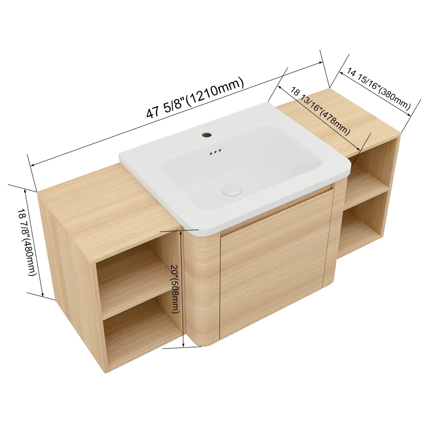 48'' Wall - Mounted Bathroom Vanity with White Ceramic Sink and 2 - Storage Shelves & 1 - Soft - Close Door, KD - Packing, Plywood, American White Oak - 1st Choice Furniture Direct