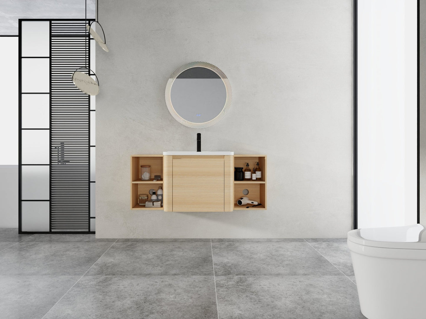 48'' Wall - Mounted Bathroom Vanity with White Ceramic Sink and 2 - Storage Shelves & 1 - Soft - Close Door, KD - Packing, Plywood, American White Oak - 1st Choice Furniture Direct