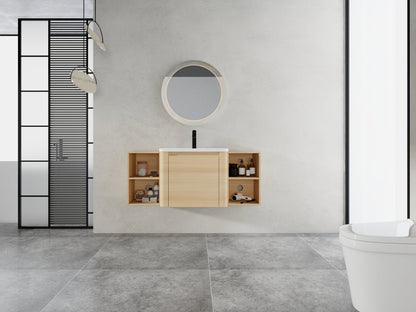 48'' Wall - Mounted Bathroom Vanity with White Ceramic Sink and 2 - Storage Shelves & 1 - Soft - Close Door, KD - Packing, Plywood, American White Oak - 1st Choice Furniture Direct
