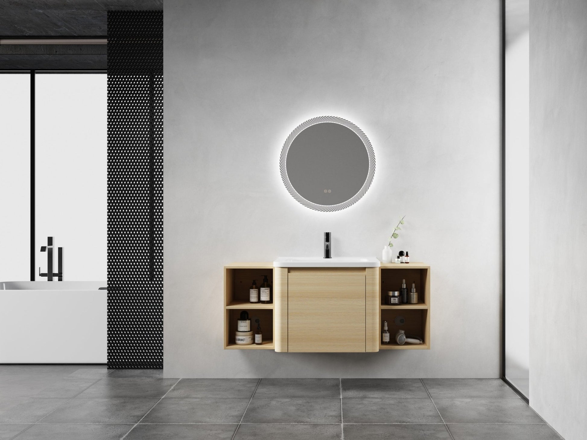 48'' Wall - Mounted Bathroom Vanity with White Ceramic Sink and 2 - Storage Shelves & 1 - Soft - Close Door, KD - Packing, Plywood, American White Oak - 1st Choice Furniture Direct