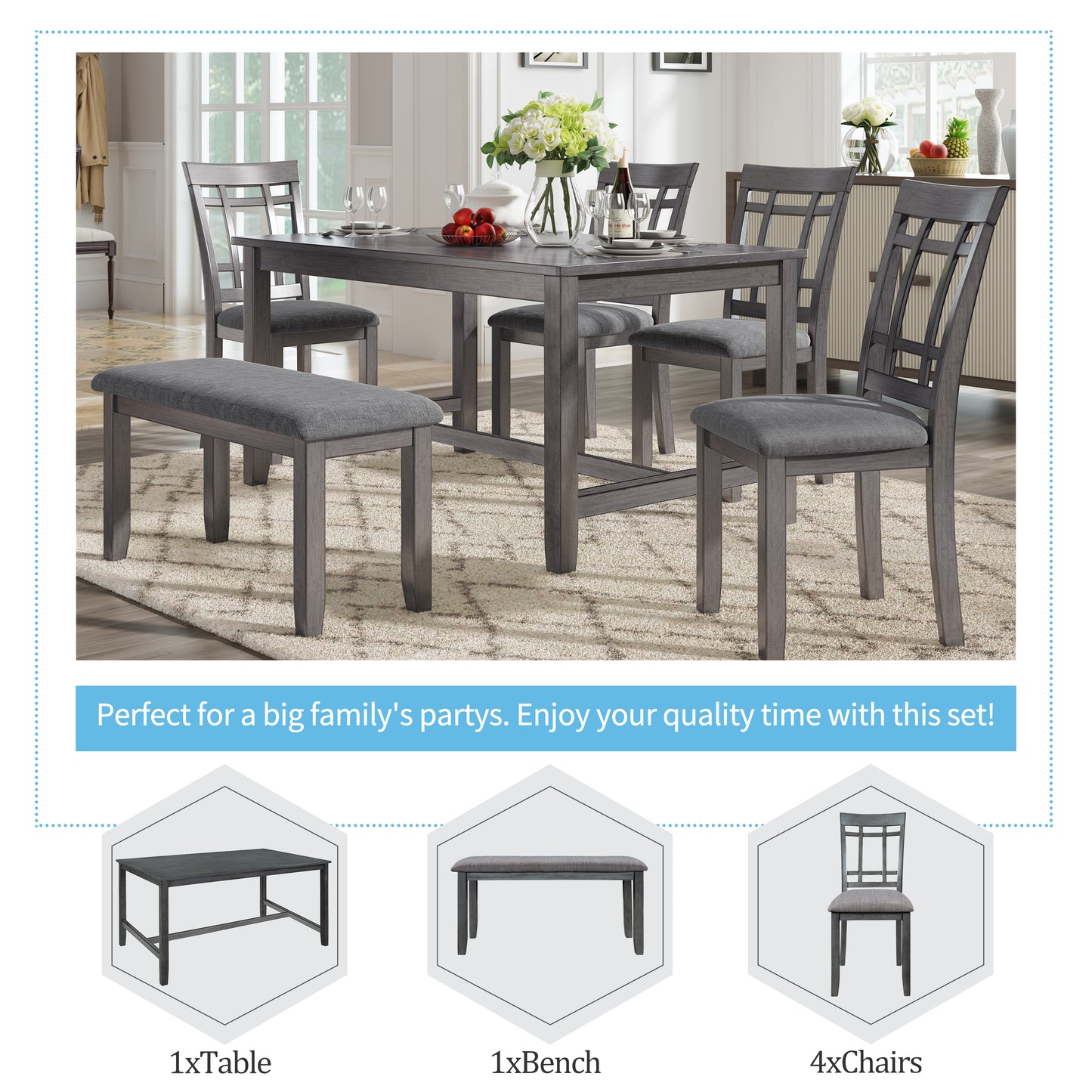 1st Choice 6 Piece Wooden Gray Dining Table Set Farmhouse Rustic Style