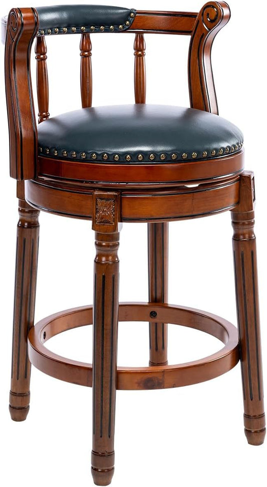 26” Swivel Leather Bar Stool | Blue Genuine Leather Counter Chair with Wood Frame