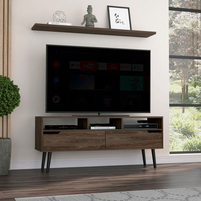 Oslo Tv Stand for TV´s up 51', Two  Drawers, Four Legs, Three Open Shelves -Dark Walnut