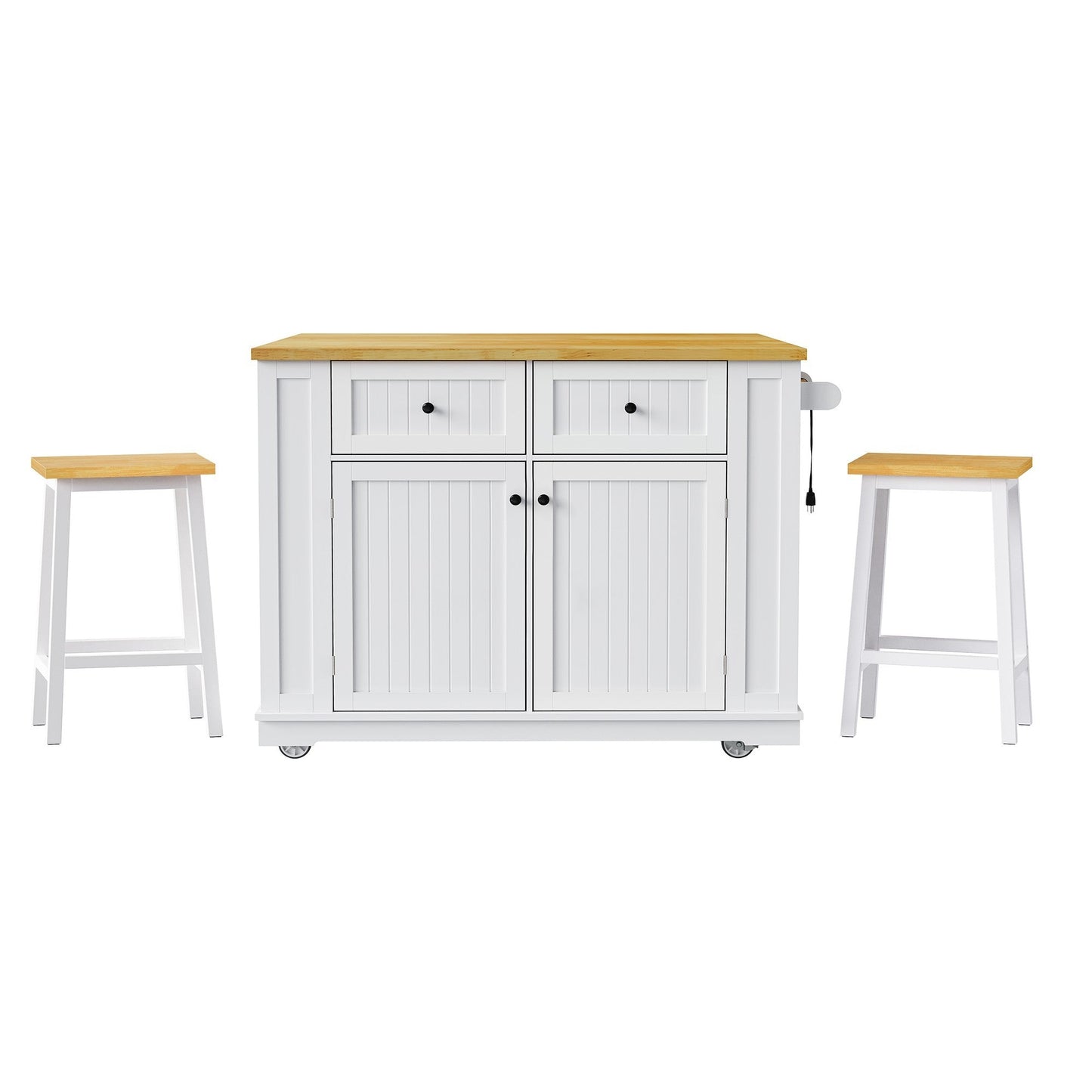 48inch Kitchen Island with 2 Bar Stools, Power Outlet, Door Internal Storage Rack, Kitchen Storage Cart on 5 Wheels with Drop Leaf, 5 Side Racks, 2 Drawers,White (Old SKU N707S000015W)(Three Packages) - 1st Choice Furniture Direct